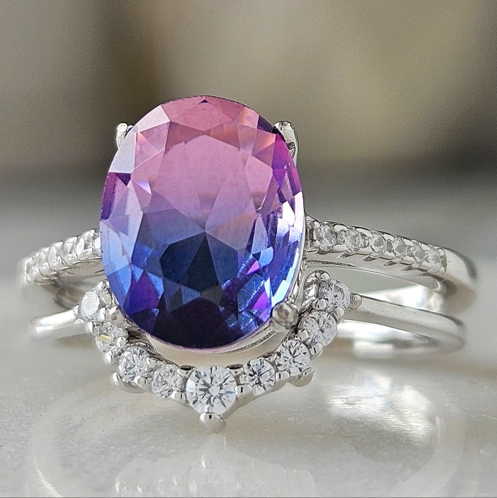 Oval Pink & Purple Gemstone Ring Set, 925 Sterling Silver Charmed Aroma